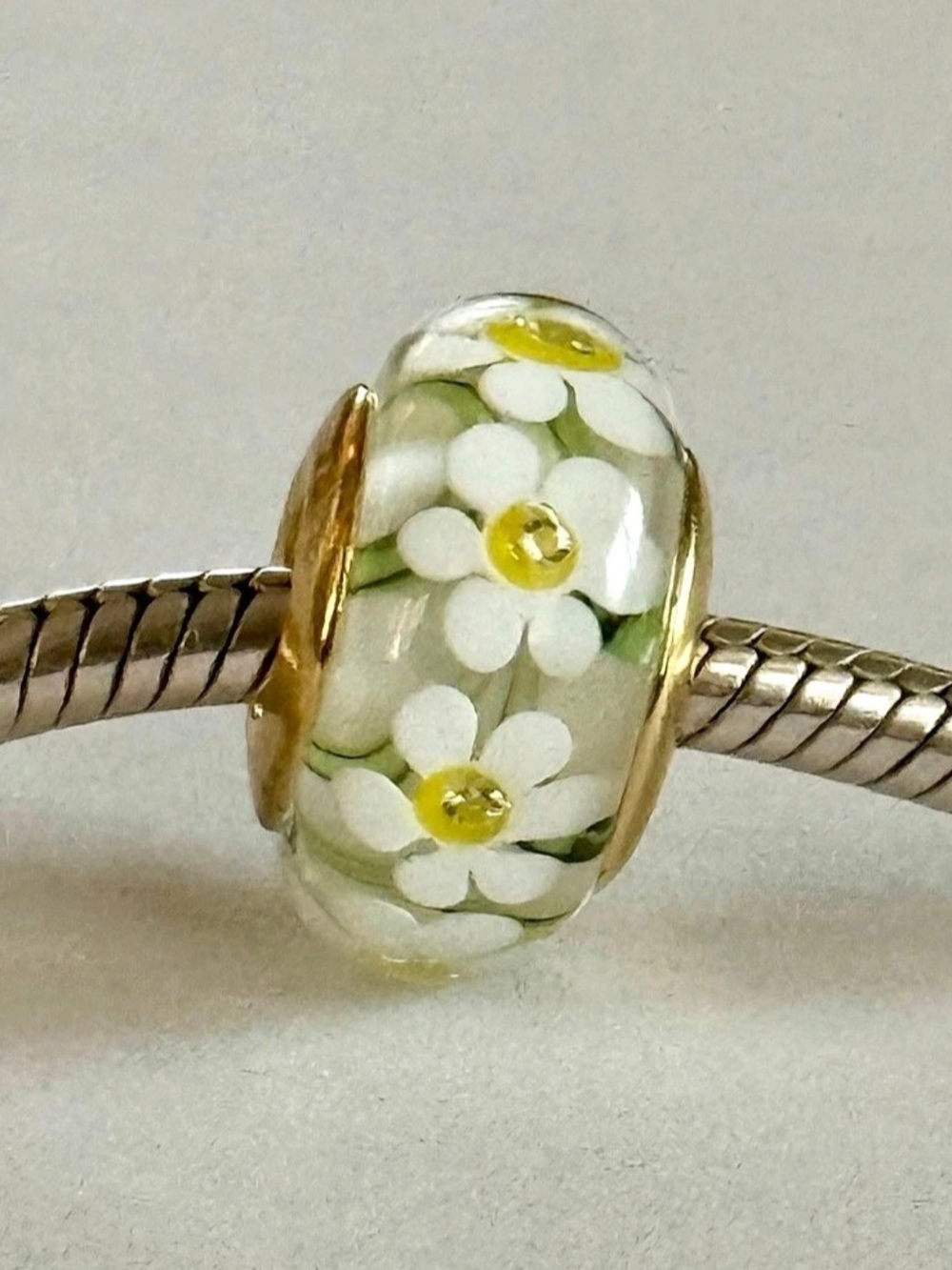 White Daisies Murano Glass Charm with gold core fit Pandora Bracelet